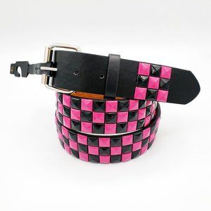 New Black Pink Studded Leather Belt Unisex 3-Rows Metal Pyramid Size Large